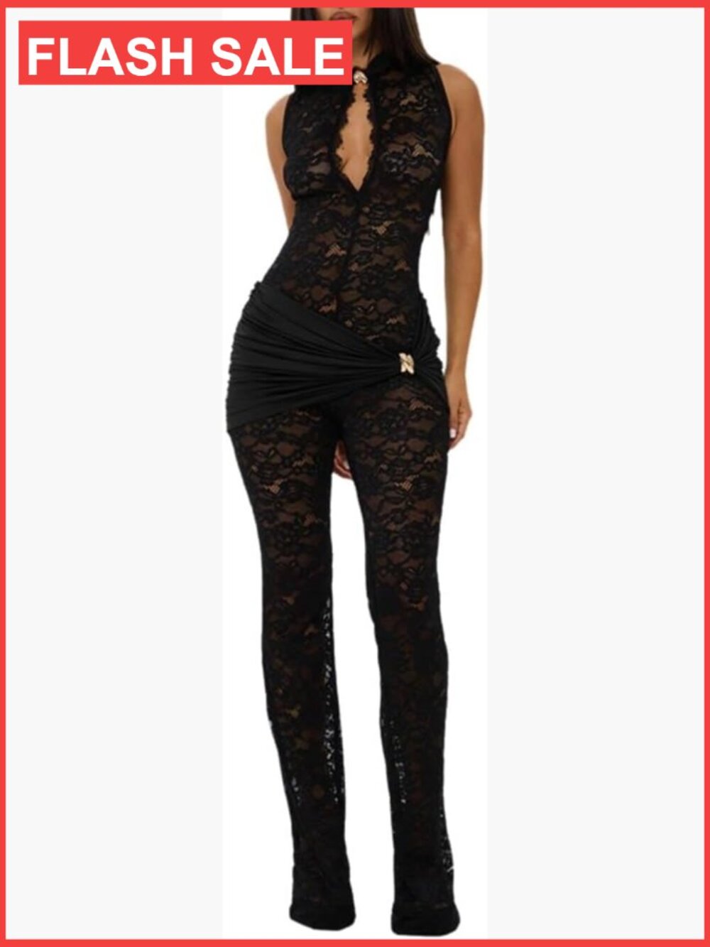 Sleeveless Lace Jumpsuit See Through Hollow Out One Piece Romper Party Club